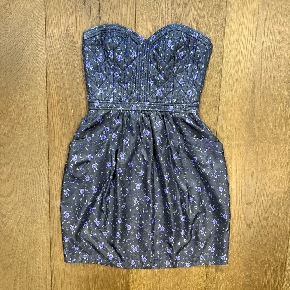 Rebecca Taylor Black and Purple Floral Strapless Dress